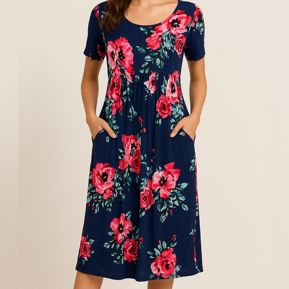 Xpenyo Navy Blue & Pink Floral 3/4 Sleeve Midi Dress with Pockets Small